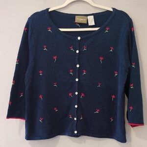 Liz Claiborne Navy Blue Cardigan with Red Floral Embroidery
